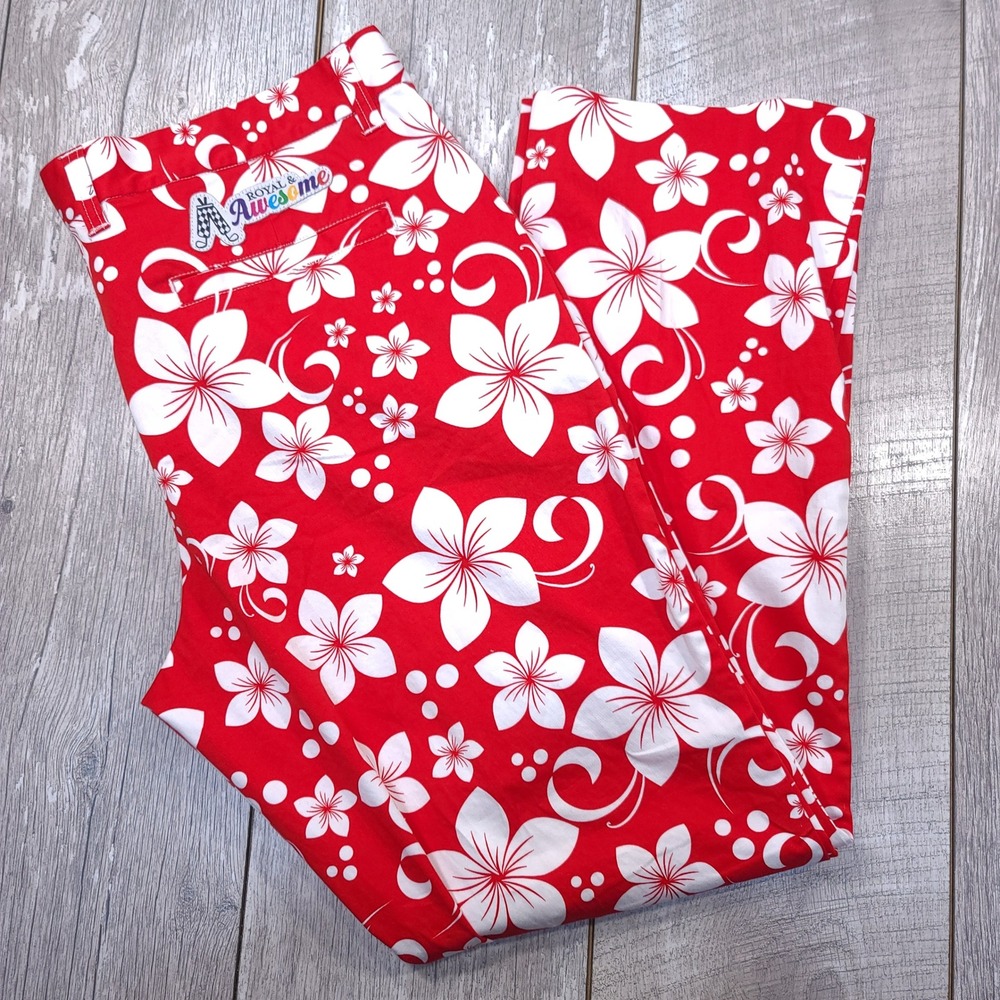 Royal & Awesome Golf Pants Women 18 Red White Floral Tropical Print Straight Leg